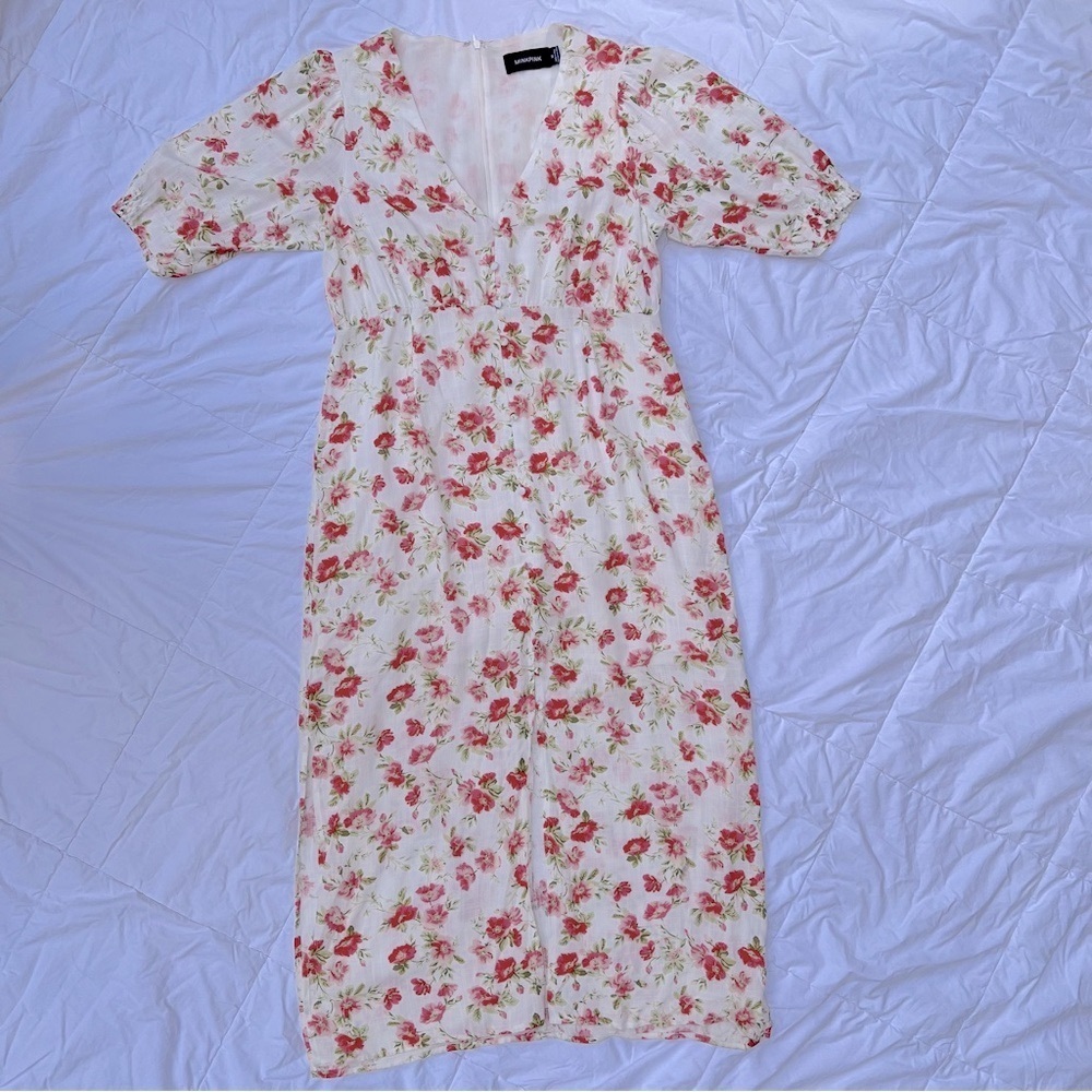MINKPINK | Floral White Puffed Sleeve Long Midi Dress Size Medium